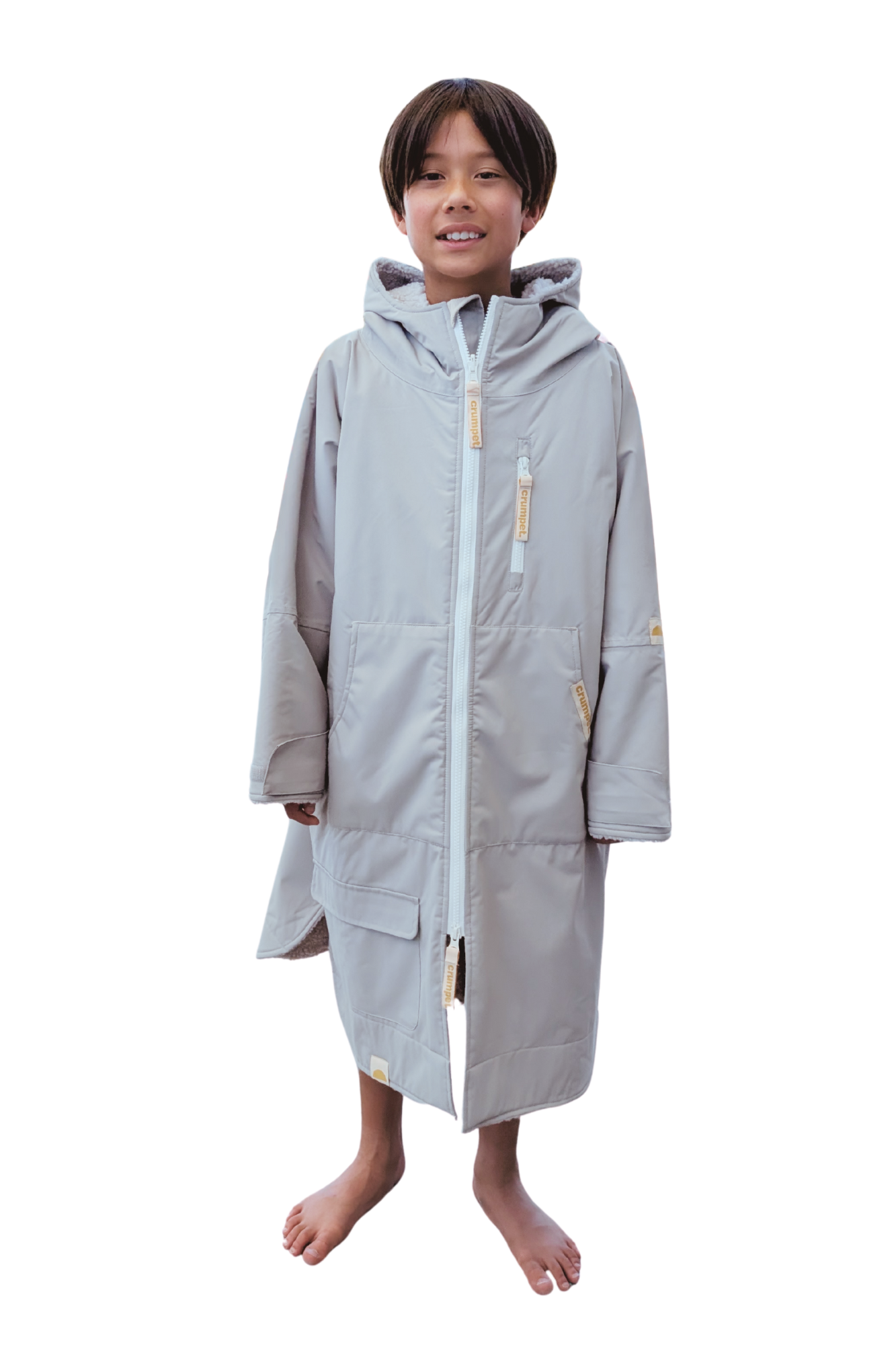 Child wearing a long grey hooded waterproof windproof jacket on a white background